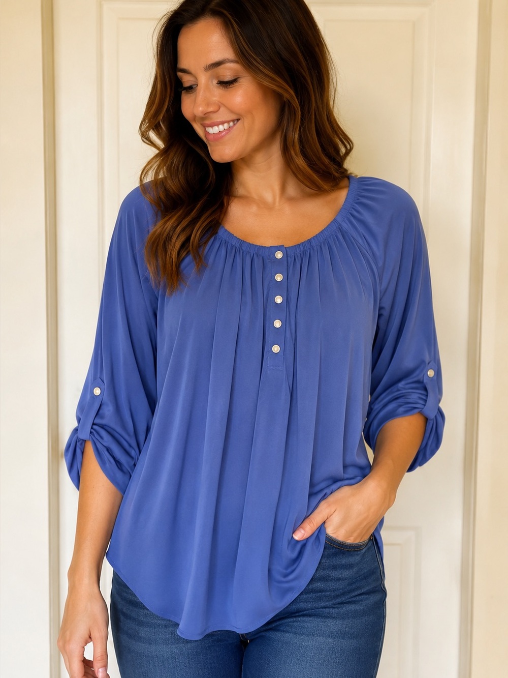 Notations Blue Button-Front Peasant Blouse